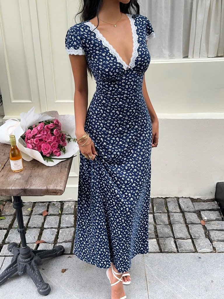 Blue Boho Elegant Women's Floral Ditsy Patchwork Lace Maxi Dress